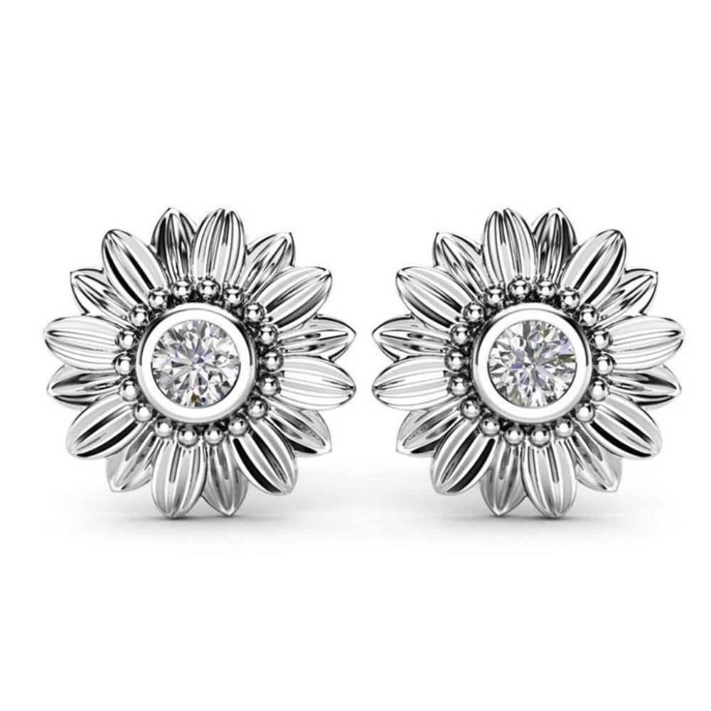 S925 SILVER DIAMOND SUNFLOWER STUD EARRINGS
